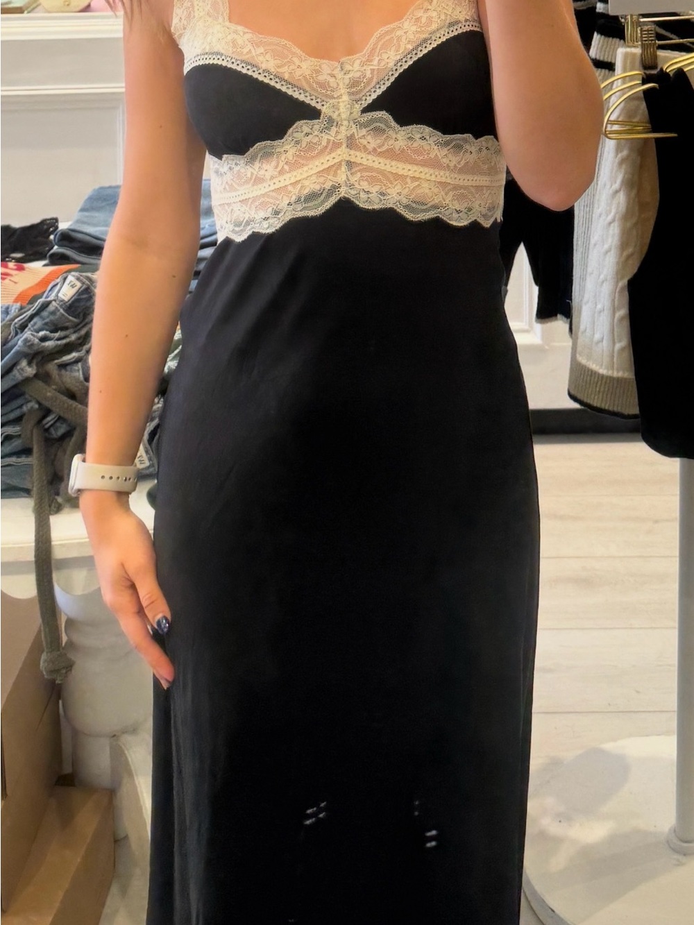 Black Slip Dress with Ivory Lace Trim